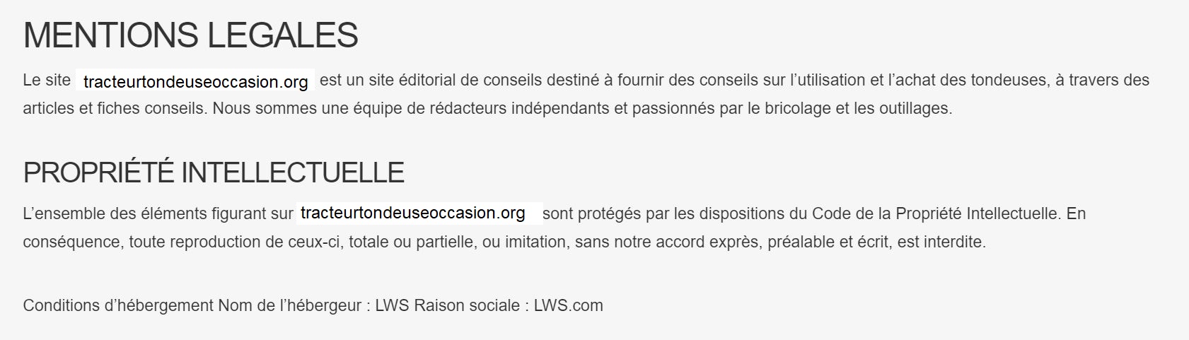 Mentions Légales du site tracteurtondeuseoccasion.org